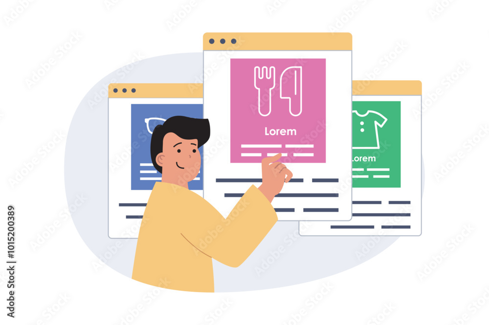 Poster mobile commerce concept in modern flat design for web. man choosing food, products and clothes in me