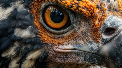 Close-up of a bird of prey's eye, showing intricate detail and focus on the golden iris.