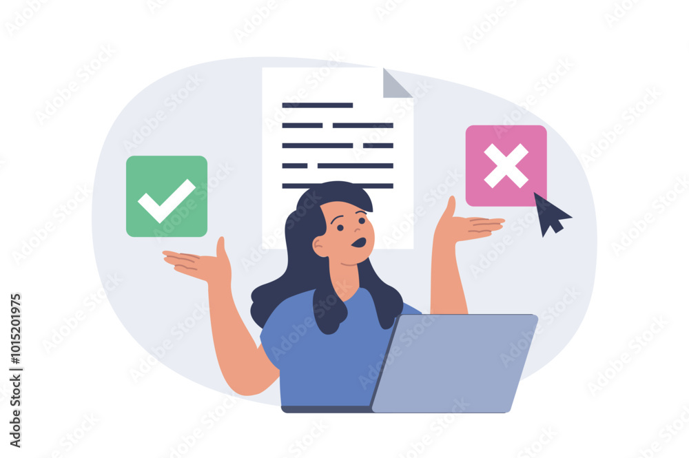 Aufkleber online voting concept in modern flat design for web. woman thinking, supporting and choosing her can
