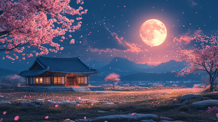 Obraz premium traditional Korean lunar new year celebration Seollal background eating and exchanging gifts in hanok