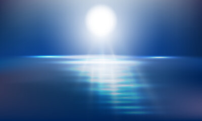 Shining moon over the sea and traces of rays on the water, reflection of the moon in the sea
