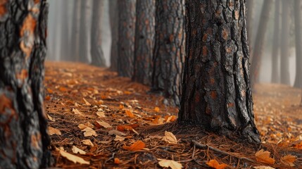 Obraz premium Close-up of Tree Trunks in a Foggy Autumn Forest