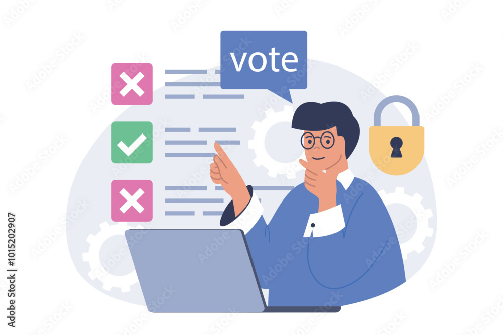 Leinwandbilder Online voting concept in modern flat design for web. Man analyzing candidate ratings, choosing and supporting candidate in election list, making political decision and ticking. Vector illustration.