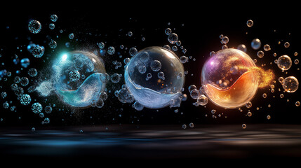 Molecules shifting from solid, liquid, and gas forms, showing the versatility of atomic structures &ndash; A dramatic representation of the flexibility and creativity of atoms as they bu