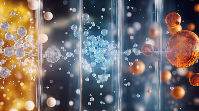 Molecules shifting from solid, liquid, and gas forms, showing the versatility of atomic structures &ndash; A dramatic representation of the flexibility and creativity of atoms as they bu