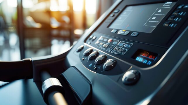 Close-up of a Treadmill Control Panel with Buttons and Display