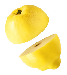 Fresh ripe yellow Quince fruit  falling in the air isolated on white background. Food levitation or...