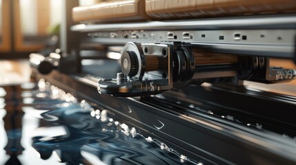Fototapeta premium Close-up of a Black Metal Gear Mechanism with a Water Reflection
