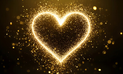 Golden heart shaped frame Portal. Romantic Frame for Saint Valentine's Day, February 14, Wedding or marriage with glowing golden sparkles and glitter particles on black background, VFX