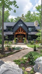 Fototapeta premium A modern black house with a wooden porch and a stone walkway leading to the front door.