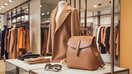 Luxury Brown Leather Backpack and Coat Display in Boutique Store