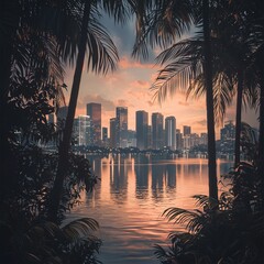 Obraz premium Miami florida skyline and bay at sunset seen through palm trees.