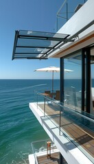 Fototapeta premium Modern balcony overlooking the ocean with glass railings and a retractable awning.