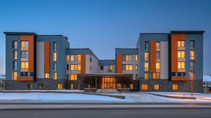 A stylish hotel stands brightly illuminated at dusk, surrounded by a snowy landscape