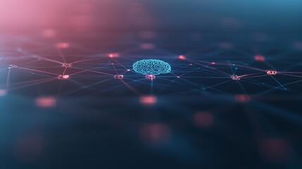 In the center, a glowing blue AI brain icon is encircled by interconnected geometric lines and symbols against a gradient blue background, showcasing digital network integration
