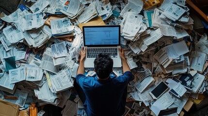 A person is seated at a cluttered workspace completely surrounded by disorganized papers and documents, focusing intently on their laptop screen during the day