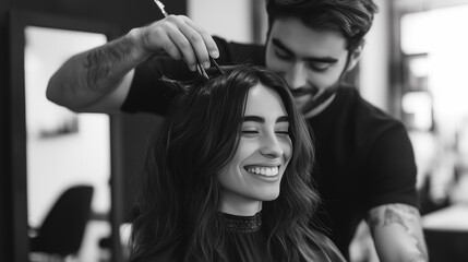 A black-and-white image of a woman smiling during a haircut by a hairstylist. The stylist is holding scissors and adjusting the hair to achieve the desired style
