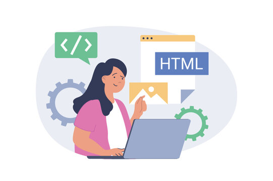 Programming concept in modern flat design for web. Woman working with html computer languages at laptop, creating software products, testing, fixing and settings project code. Vector illustration.