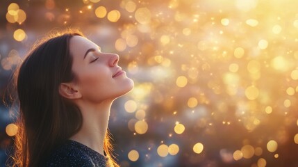 In a tranquil setting, a young woman closes her eyes and smiles, soaking in the warm glow of golden lights that create a magical ambiance