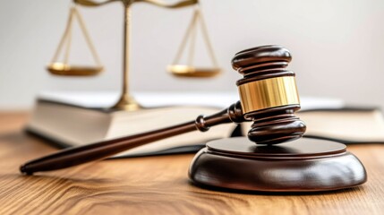 The gavel lies prominently on a wooden surface, symbolizing justice. Behind it, legal books are visible alongside the scales of justice, representing law and order in a legal setting