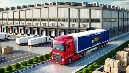 Red semi-truck with Wisconsin flag trailer at a large logistics warehouse. Ideal for illustrating freight transport, trucking, shipping, and supply chain operations