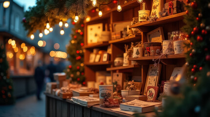 A beautifully decorated market stall offers an array of handmade crafts and seasonal treats, illuminated by warm lights, creating a magical winter atmosphere