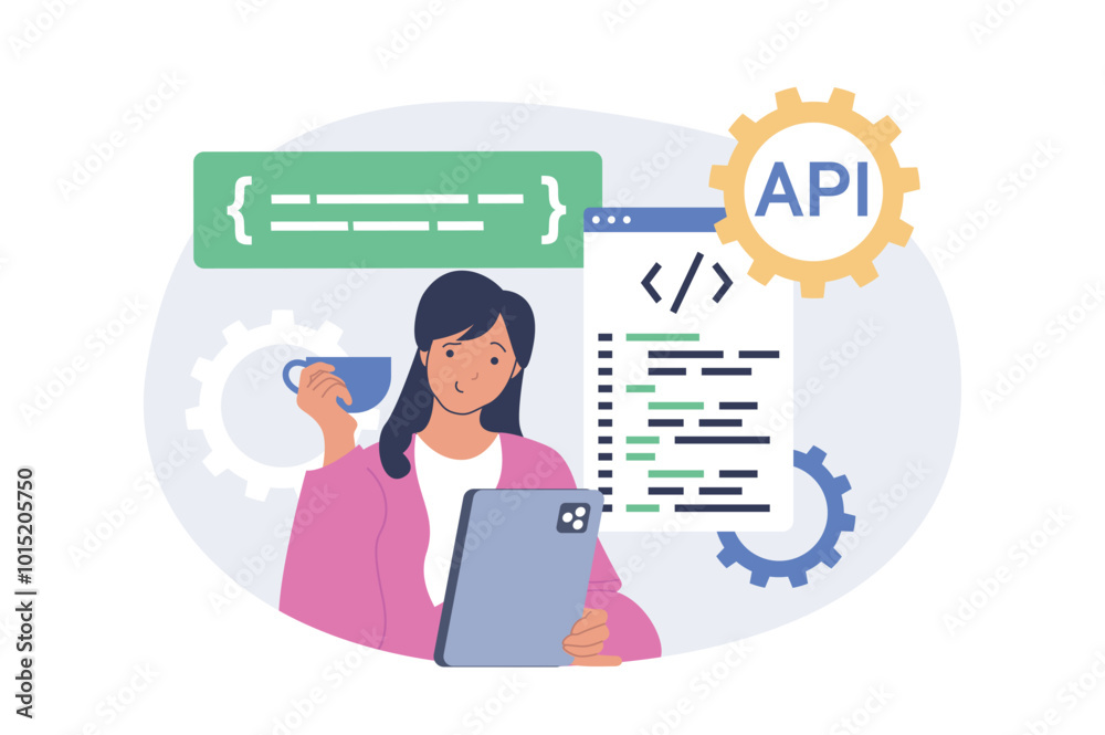 Aufkleber Programming concept in modern flat design for web. Woman working as administrator and managing software creations, making improvements and optimization, controlling operations. Vector illustration.