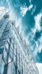 Low angle view of a modern glass building reaching towards a blue sky.