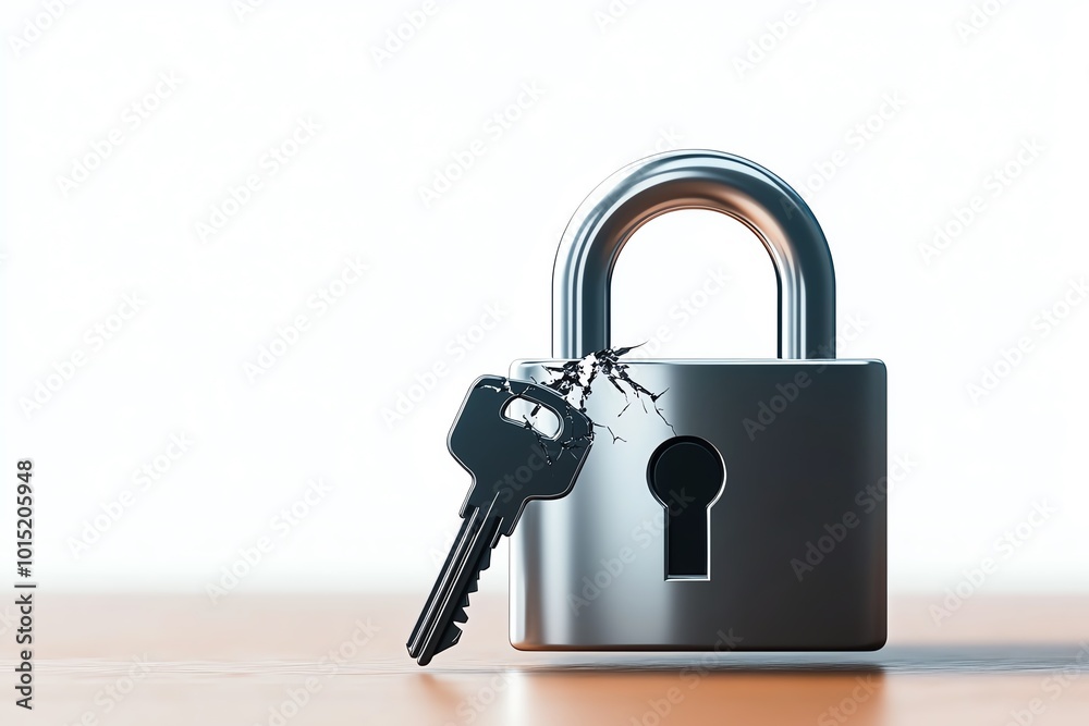 Aufkleber Minimalist lock icon being broken by a phishing attack, showing a key and lock separating, drawn in simple, bold lines