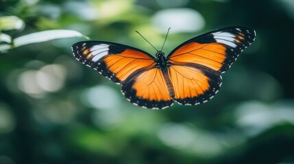 Fototapeta premium A vibrant orange and black butterfly with white markings is in mid-flight, its wings spread wide against a blurry green background.