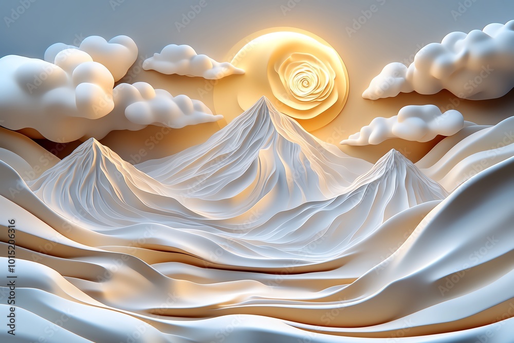 Poster minimalist mountain landscape, with clean lines and soft hues representing the peaks and valleys in 