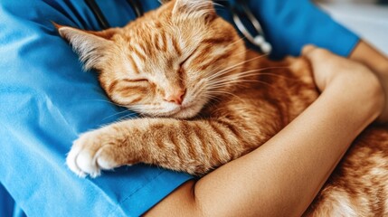 A veterinary professional gently cradles a sleepy orange cat with closed eyes in a clinic, providing comfort during a relaxed midday appointment