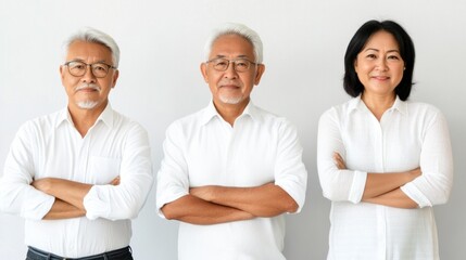 Obraz premium Three older adults stand together with confident expressions and arms crossed, showcasing a sense of camaraderie and community engagement in a neutral backdrop