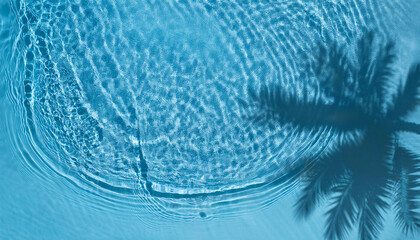 Aqua waves and coconut palm shadow on blue background. Water pool texture top view.Tropical summer mockup design. Luxury travel holiday.
