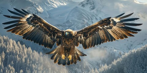 Majestic Golden Eagle Soaring Through Snow-Covered Mountains