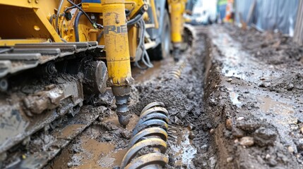 Excavator Drill Bit Penetrating Mud and Soil During Construction