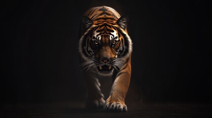 A striking view of a tiger walking or running through an open field, showcasing its powerful physique and vibrant orange coat with distinctive black stripes