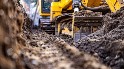 Fototapeta premium Excavator Bucket Digging into a Trench