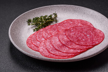 Delicious smoked salami sausage with salt, spices and herbs