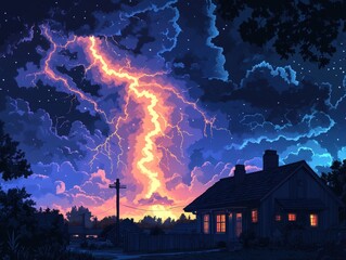 Fototapeta premium Whimsical Anime Style Illustration of Dramatic Lightning Storm Over Suburban House at Night