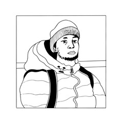 Jeune homme avec le regard triste portant un bonnet, une veste d'hiver à capuchon et un sac à dos