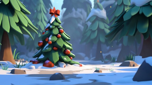 A vibrant cartoon Christmas tree decorates a snowy forest boosting the festive mood