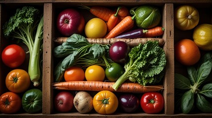 A variety of fresh fruits and vegetables are arranged in a wooden crate.