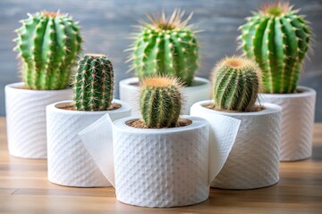 A humorous concept image featuring potted cacti placed inside toilet paper rolls, symbolizing discomfort or sensitivity. The playful contrast offers a unique and creative visual.