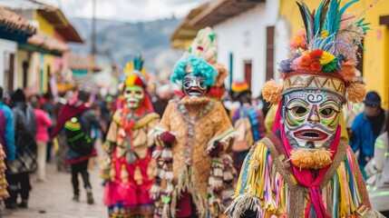 Obraz premium Colorful masks and vibrant costumes worn by dancers at a festive parade.