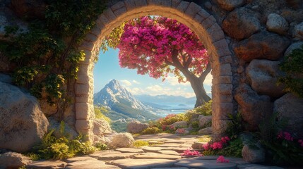 A stone archway with a flowering tree frames a view of a mountain and a lake in the distance.