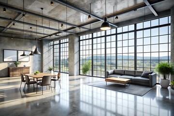 An industrial-style loft with floor-to-ceiling windows, concrete walls, and minimalistic decor. The open space is bathed in natural light, offering a clean, modern interior.