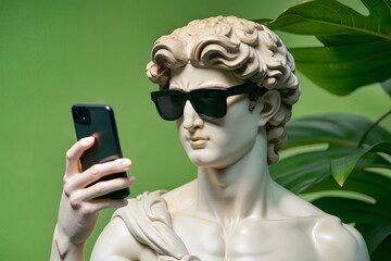 Fototapeta premium A modern twist on classical art. A marble statue wearing sunglasses and holding a smartphone, standing against a vibrant green background with tropical leaves.