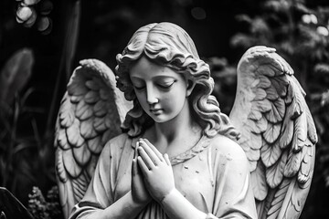 A beautiful close-up of a stone statue of a praying angel, captured in black and white. The detailed carving and peaceful expression highlight themes of spirituality and serenity.