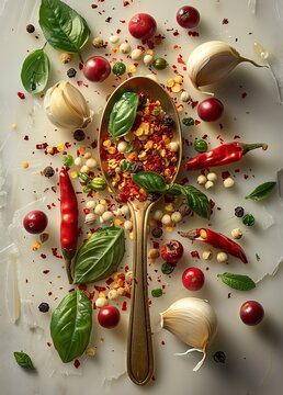 Colorful Assortment of Fresh Herbs, Spices, and Vegetables with a Golden Spoon, Culinary Ingredients
